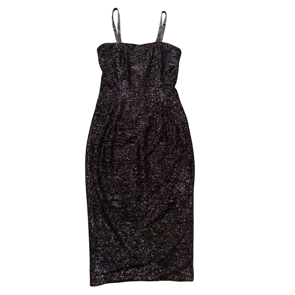 Barbie x Unique Vintage Dress M Black Black Glitter Bodycon Midi
